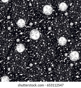 Hand draw seamless pattern of the night sky, sun, comets, planets and a nesting doll.Template for birthdays cards,fabric design, paper, textiles, background, greeting, planner, diary, notes.