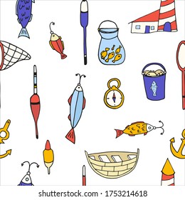 Hand draw seamless pattern with objects of fishing equipment