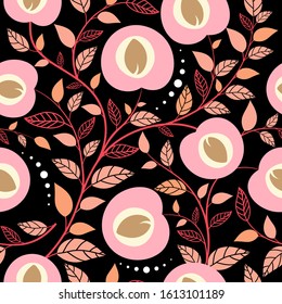 Hand draw seamless pattern peach fruits and leaf on black background. Vector illustration.