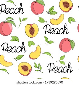Hand draw seamless pattern of peach with lettering. Vector illustration. For wallpaper or wrapping paper 