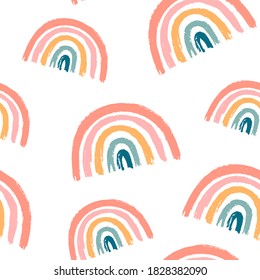 Hand draw seamless pattern with rainbow in vector format. Grunge symbol in scandinavian style for baby background. Repeat printable texture