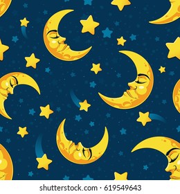 Hand draw seamless pattern of sleepy crescent moon and star