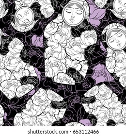 Hand draw seamless pattern of vintage floral and a nesting doll.Template for birthdays cards, childish posters, fabric design, paper, textiles.