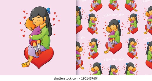 Hand draw seamless pattern of the women hugging her son with love of illustration