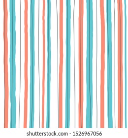 Hand draw seamless striped vertical line pattern blue, orange, black pastel color on white background. Paint brush stroke stripe for kids. Vector illustration