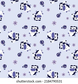 Hand Draw Seamless Vector  Pattern Background Cute Cow With Flower, Balloon, For Winter Doodle Cartoon Style Baby, Kids Print