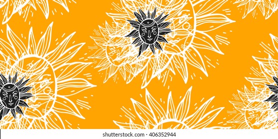 Hand draw seamless white   line  pattern   with magic  sun tribal african ornament   black masks on  orange background , vector illustration.Alchemy, religion, spirituality, occultism, textiles art. 
