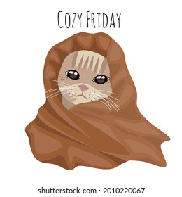Hand draw semi realistic cat wrapped in blanket. Cozy Friday, Bengals Cat wrapped in blanket flat vector illustration. Cute design, white background. For sticker, card, banner, poster, clothes design.