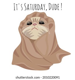 Es Saturday Dude, Bengals Cat envuelto en una manta plana de ilustración vectorial. Diseño cuidado, fondo blanco.  Para pegatinas, tarjetas, pancartas, afiches, diseño de ropa.