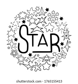 Hand draw set black stars isolated on white background. Vector composition 