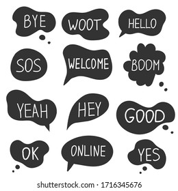 Hand draw  set bubble talk phrases. Online chat clouds with different words comments information shapes vector isolated on white background