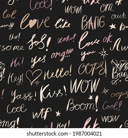 Hand draw set bubble talk phrases. Hand-drawn lettering. Abbreviated popular phrases such as LOL, WOW, OOPS, BOOM and others. Seamless wrapping paper.