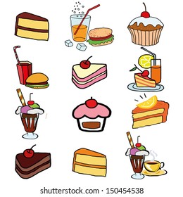 Hand draw set of cake and bakery, colorful vector illustration - ice cream, hamberger, cake, cupcake 