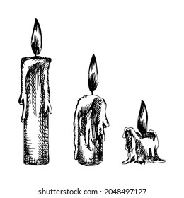 Hand ziehen Kerze mit Feuer. Vektorgrafik, Tinte auf weißem Hintergrund, Skizze. Handzeichen
