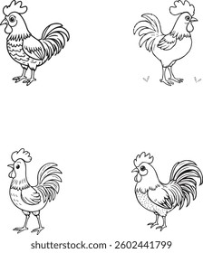Hand Draw Set Of Cute Cartoon Rooster Vector Illustration Children Coloring book For Toddlers