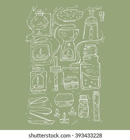 Hand draw set of different aromatic oil lamps and candles with smell of oil.Cute and decorative doodle style line art.