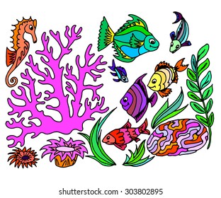 Hand draw set of different marina creatures