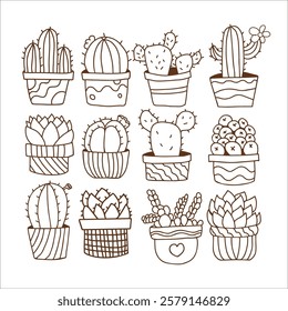 Hand draw set doodle cactus in pots Plants illustration Outline coloring image