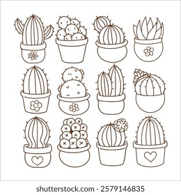 Hand draw set doodle cactus in pots Minimal plants illustration Outline coloring image