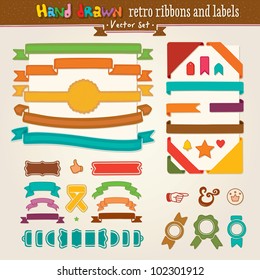 Hand Draw Set Of Retro Ribbons And Labels. Vector illustration.
