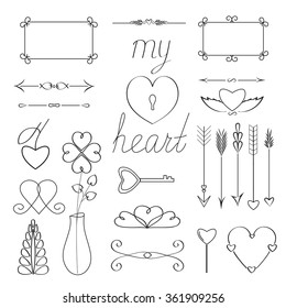 Hand draw Set of romance, love and wedding elements. Decoration elements for valentine's greeting cards, other romantic design. Vector illustration. 