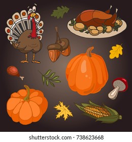 Hand draw set of thanksgiving day Thanksgiving turkey, pumpkin, vegetables harvest,  corn. Decoration symbol elements for your design.