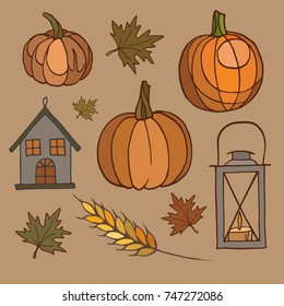 Hand draw set of thanksgiving day. Pumkin, ear of wheat, house, lamp, leaves 
