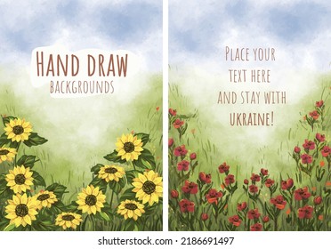 Juego de dibujos a mano de fondos de temas ukranos para afiches o tarjetas de diseño. Flores naturales, ilustraciones de fondo de girasoles