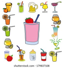 Hand draw set of various colorful drinks, vector drink illustraton