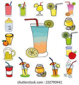 Hand draw set of various colorful drinks, vector smoothies drink illustration