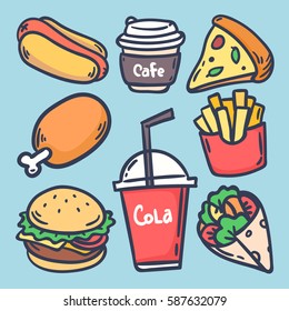 Hand draw set with various fast food. hot dog, hamburger, pizza slice, chicken,fries, coffee, 
roll, cola. hand-drawn illustration.