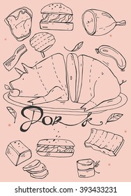 Hand draw set of vector illustration  pork dishes and a large pig with an apple in his mouth on a plate.Cute and decorative doodle style line art.