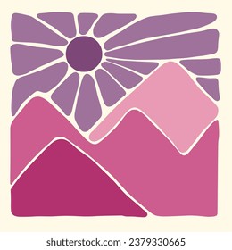Panorama de horizonte de dibujo a mano con tono rosado. El doodle orgánico forma matisse estilo, arte ingenuo, antecedentes contemporáneos. ilustración vectorial de la playa y las montañas