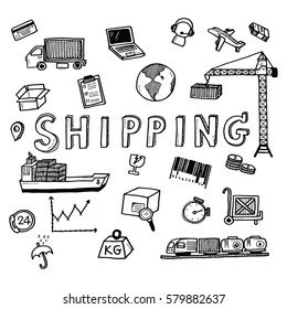 Hand draw shipping business doodles icon set for global transportation import,export and logistic business concept.