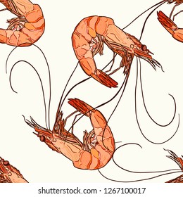 Hand draw of shrimp, seamless pattern vector.