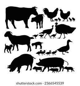 hand draw silhouette animals farm family vector illustration