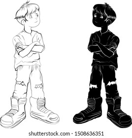 hand draw and silhouette boy.Yung man outline and drawing.