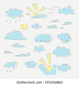 las nubes de silueta dibujadas a mano se colocan en blanco