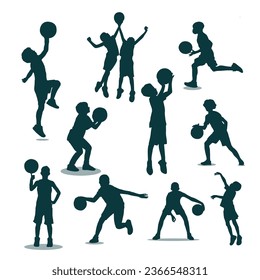 hand draw silhouette kid playing basketball vector illustration