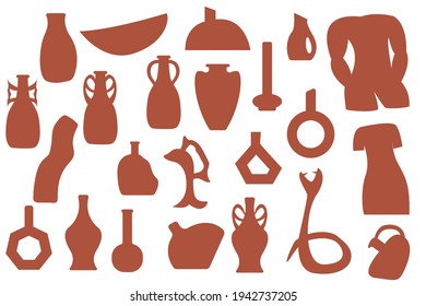Hand Draw silhouette Pottery Vases, Clay Crockery and Pots. Trendy Collage for Decoration in Ecological Style.