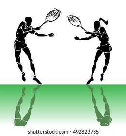 hand draw silhouette of tennis player couple 