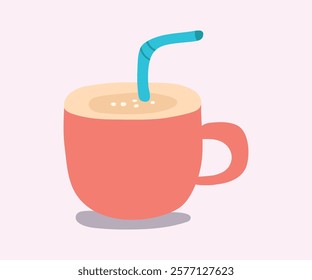 A hand draw simple illustration of a pink mug filled with cold coffee indicating it is a flexible straw.