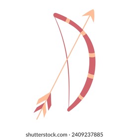 Hand draw single Valentine's bow and arrow. Peach fuzz, pink and red colors. Vector illustration on white background.Doodle style. For postcard, banners, package, wrapping and wallpaper.