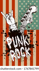 Hand draw sketch with bass guitar and hand for rock festival poster. Rock and Roll sign. Vector illustration isolated. Punk rock label design for t-shirts, posters, logos, greeting cards etc.
