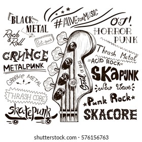 Hand Draw Sketch With Bass Guitar For Rock Festival Poster. Rock And Roll Sign. Vector Illustration Isolated. Punk Label Design For T-shirts, Posters, Logos, Greeting Cards Etc.