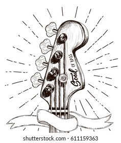 Hand draw sketch with bass guitar for rock festival poster. Vector illustration isolated. Rock label design for t-shirts, posters, logos, greeting cards etc.