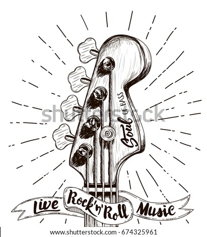 Hand draw sketch with bass guitar for rock festival poster. Vector illustration isolated. Rock label design for t-shirts, posters, logos, greeting cards etc.