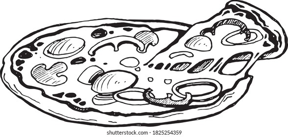 hand draw sketch, black and white vector illustration, italian cuisine, pizza, cheeze, mushrooms