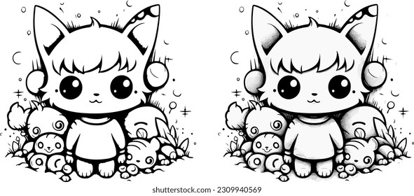 hand draw or sketch cartoon cat pet black and white color vector 