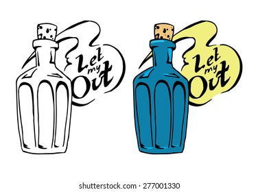 Hand draw sketch decanter of gin inside and sign Let my out. Vector illustration.